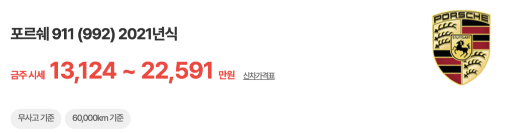 포르쉐 911 (992) 2021년식 중고차 가격